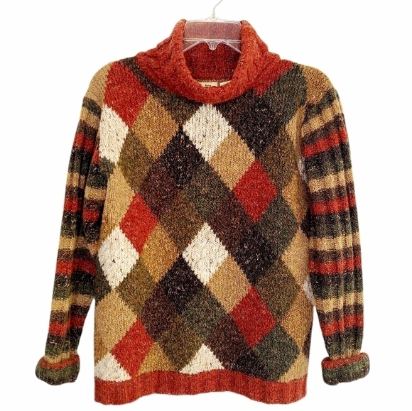 B. MOSS Argyle Tweed Striped Wool Blend Chunky Turtleneck Sweater Medium Y2K EUC - Picture 1 of 11